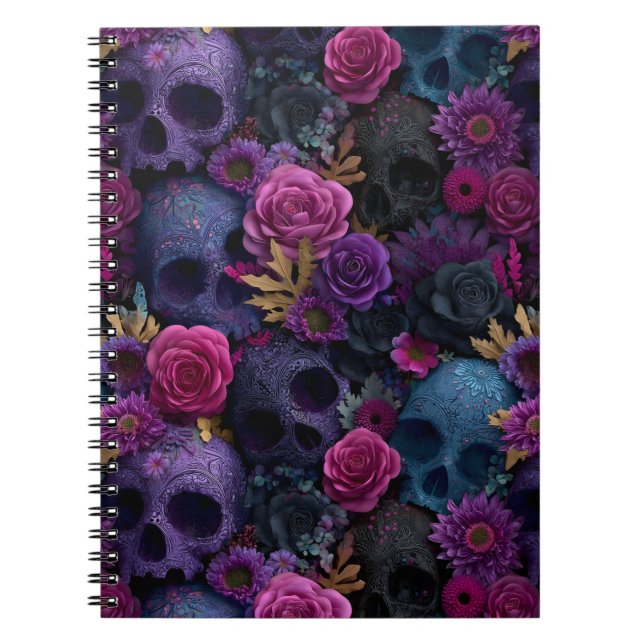 Dark Gothic Floral Skull Seamless Pattern Notebook (Front)