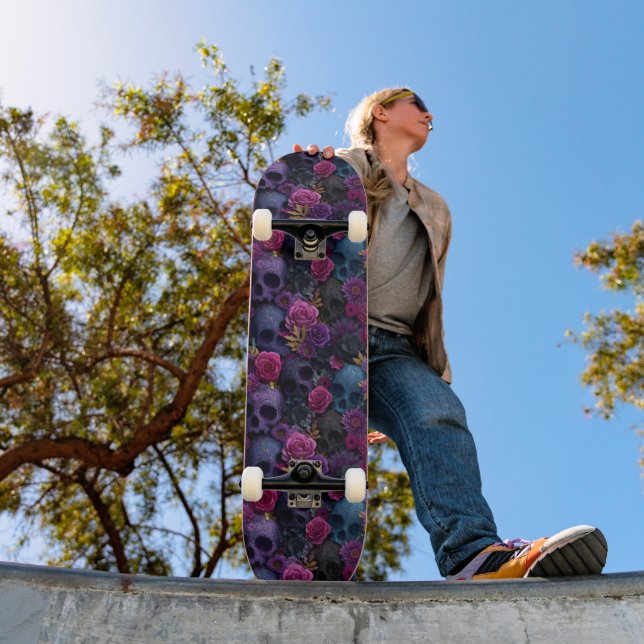 Dark Gothic Floral Skull Seamless Pattern Skateboard (Outdoor 1)