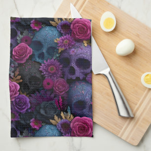 Dark Gothic Floral Skull Seamless Pattern Tea Towel