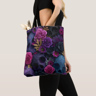 Dark Gothic Floral Skull Seamless Pattern Tote Bag