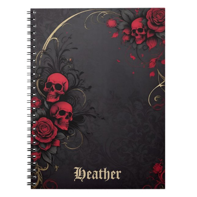 Dark Gothic Floral Skulls Black Red Rose Notebook (Front)