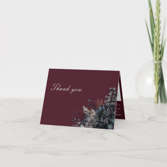 Dark Gothic Floral Wedding Folded Thank You Card (Front)