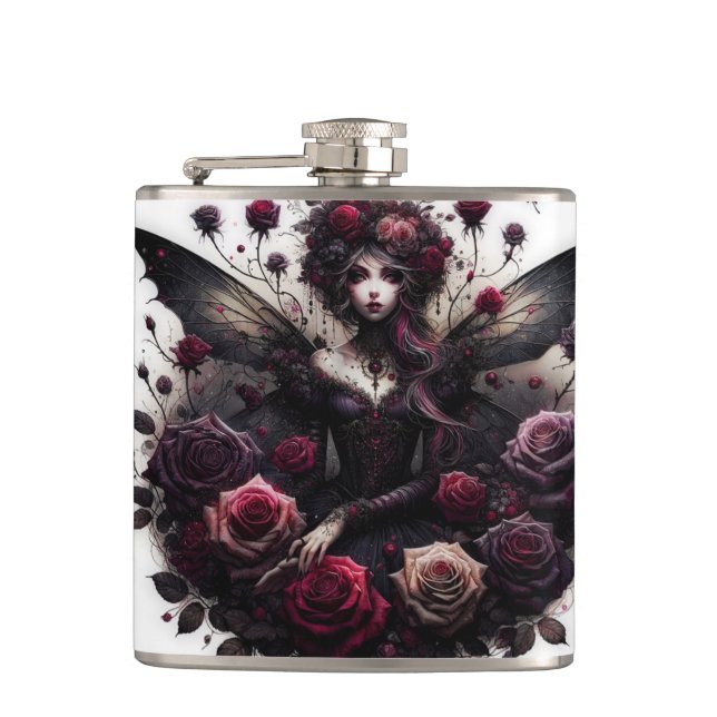 Dark Gothic Forest Fairy Floral Roses Burgundy Hip Flask (Front)