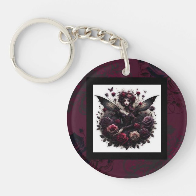 Dark Gothic Forest Fairy Floral Roses Burgundy Key Ring (Front)