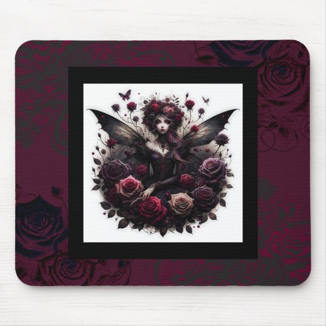 Dark Gothic Forest Fairy Floral Roses Burgundy Mouse Mat (Front)