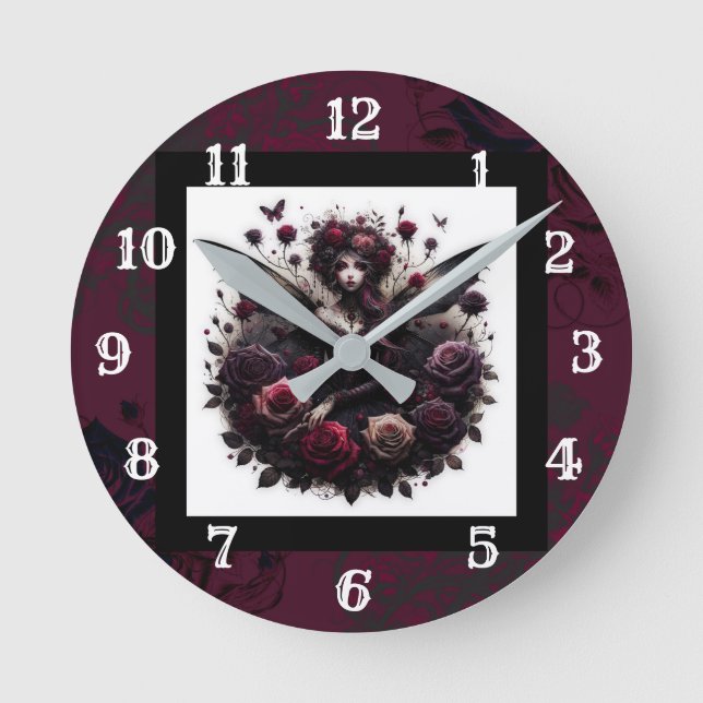 Dark Gothic Forest Fairy Floral Roses Burgundy Round Clock (Front)
