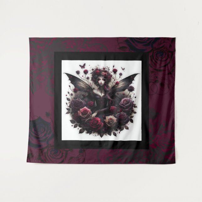 Dark Gothic Forest Fairy Floral Roses Burgundy Tapestry (Front (Horizontal))