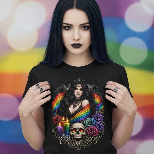 Dark Gothic Gay Pride With Skull and Candles T-Shirt (Dark Gothic Gay Pride With Skull and Candles T-Shirt
by Ricaso LGBT themed goth clothing)