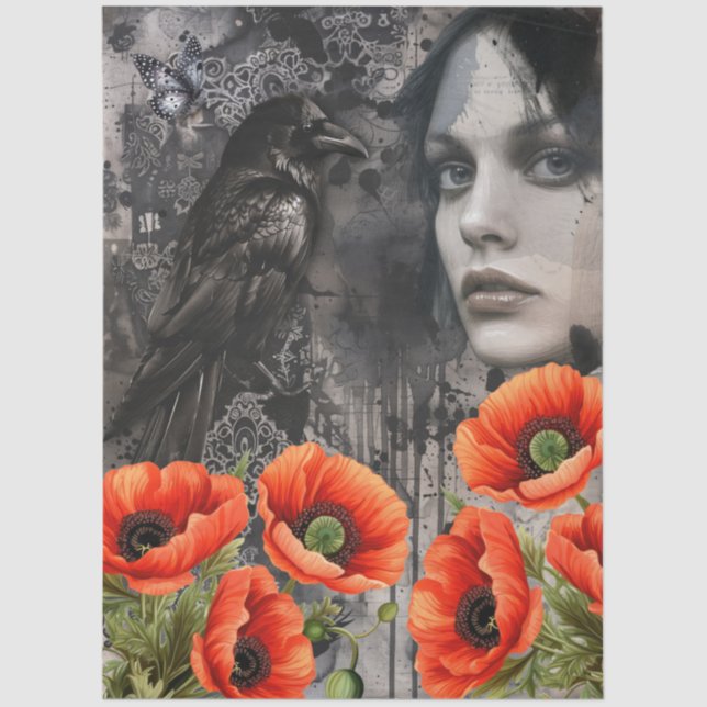 Dark Gothic Girl Raven Red Poppies Abstract Art  Tissue Paper (Front)