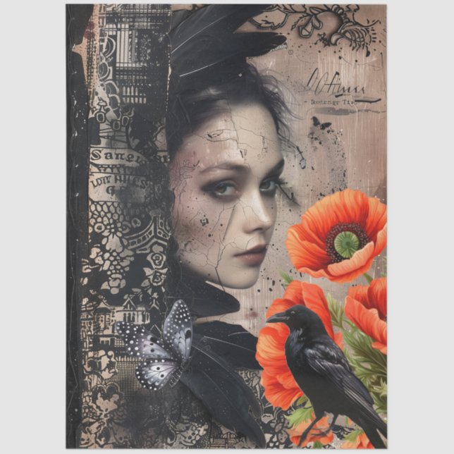 Dark Gothic Girl Raven Red Poppies Abstract Art  Tissue Paper (Front)