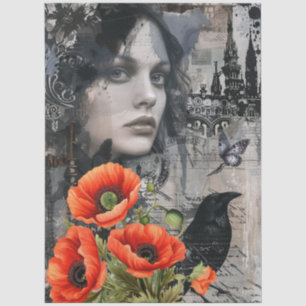 Dark Gothic Girl Raven Red Poppies Abstract Art Tissue Paper
