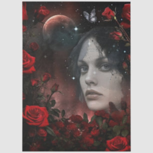 Dark Gothic Girl Red Roses & Moon Abstract Art  Tissue Paper