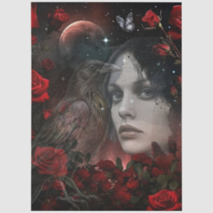 Dark Gothic Girl Red Roses & Raven Abstract Art  Tissue Paper
