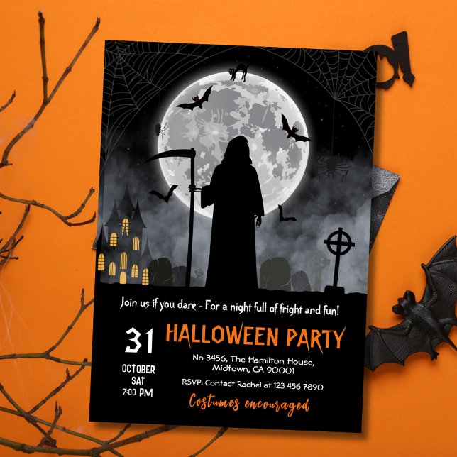 Dark Gothic Grim Reaper full moon bats halloween Invitation (Creator Uploaded)