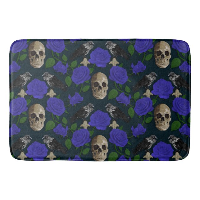 Dark Gothic Grungy Rose Vines Raven Skull blue Bath Mat (Front)