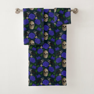 Dark Gothic Grungy Rose Vines Raven Skull blue Bath Towel Set