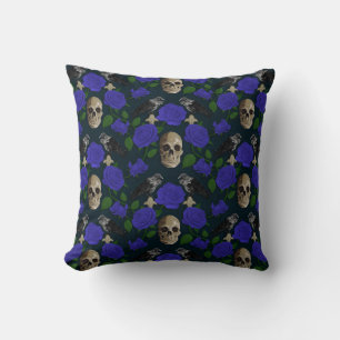 Dark Gothic Grungy Rose Vines Raven Skull blue Cushion