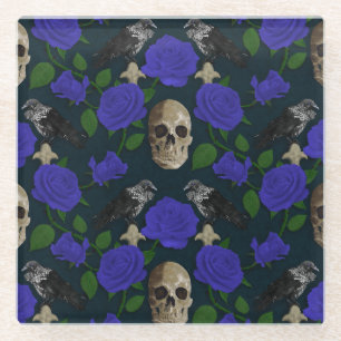 Dark Gothic Grungy Rose Vines Raven Skull blue Glass Coaster