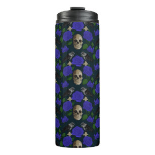 Dark Gothic Grungy Rose Vines Raven Skull blue Thermal Tumbler
