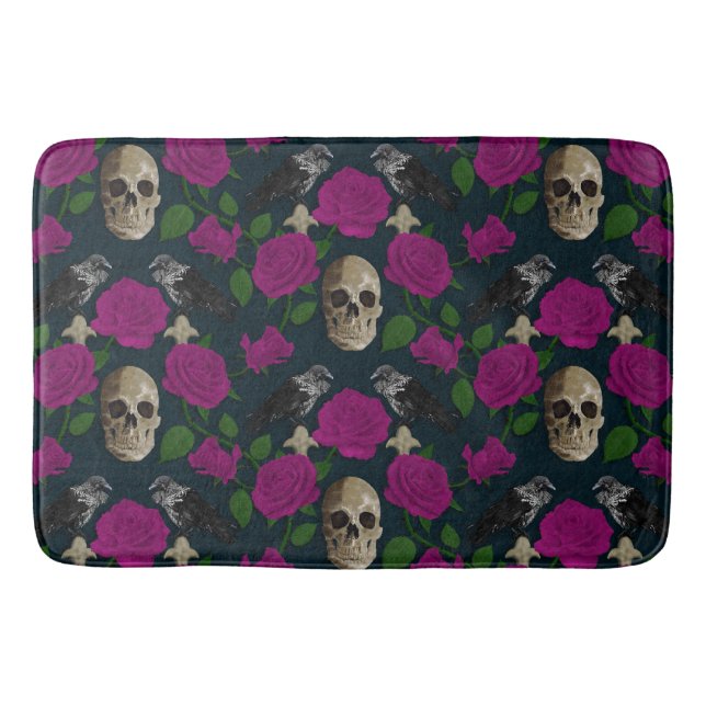 Dark Gothic Grungy Rose Vines Raven Skull pink Bath Mat (Front)