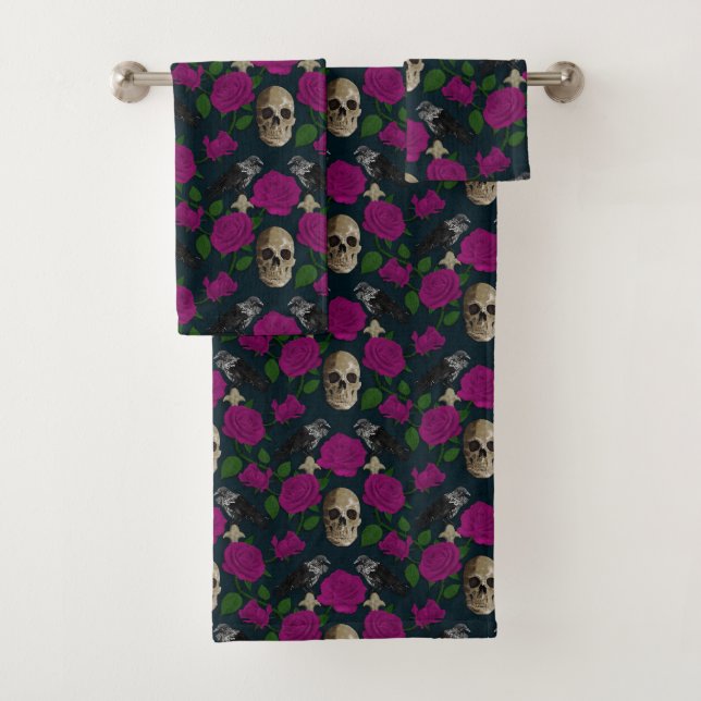 Dark Gothic Grungy Rose Vines Raven Skull pink Bath Towel Set (Insitu)