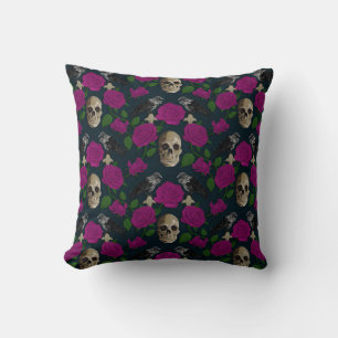 Dark Gothic Grungy Rose Vines Raven Skull pink Cushion
