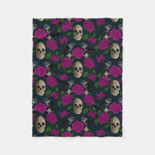 Dark Gothic Grungy Rose Vines Raven Skull pink Fleece Blanket
