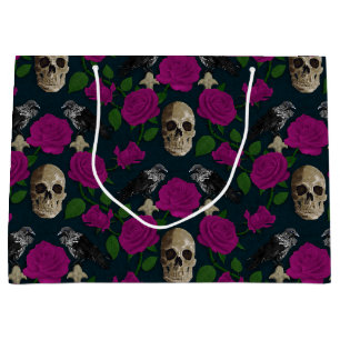 Dark Gothic Grungy Rose Vines Raven Skull pink Large Gift Bag