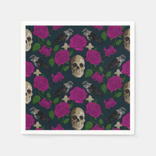 Dark Gothic Grungy Rose Vines Raven Skull pink Napkin