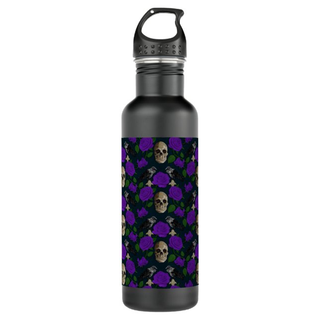 Dark Gothic Grungy Rose Vines Raven Skull purple 710 Ml Water Bottle (Front)