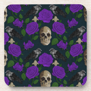 Dark Gothic Grungy Rose Vines Raven Skull purple Coaster