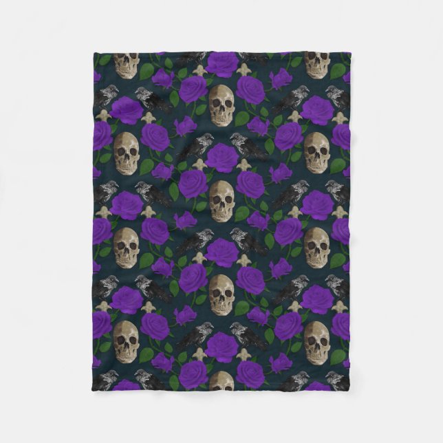 Dark Gothic Grungy Rose Vines Raven Skull purple Fleece Blanket (Front)