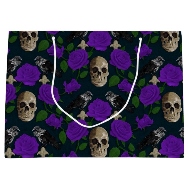 Dark Gothic Grungy Rose Vines Raven Skull purple Large Gift Bag (Front)