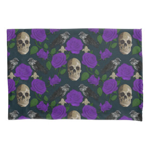 Dark Gothic Grungy Rose Vines Raven Skull purple Pillowcase