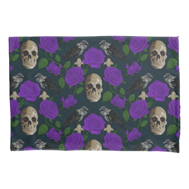 Dark Gothic Grungy Rose Vines Raven Skull purple Pillowcase (Front)