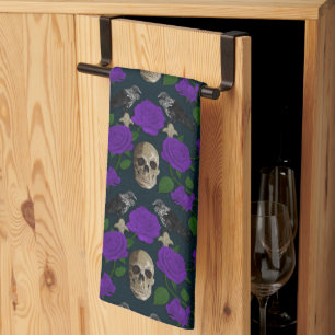 Dark Gothic Grungy Rose Vines Raven Skull purple Tea Towel