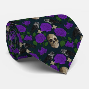 Dark Gothic Grungy Rose Vines Raven Skull purple Tie