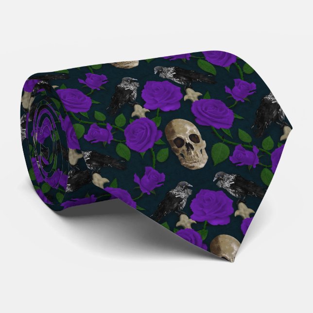 Dark Gothic Grungy Rose Vines Raven Skull purple Tie (Rolled)