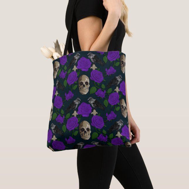 Dark Gothic Grungy Rose Vines Raven Skull purple Tote Bag (Close Up)