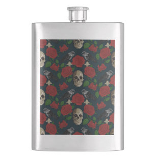 Dark Gothic Grungy Rose Vines Raven Skull red Hip Flask