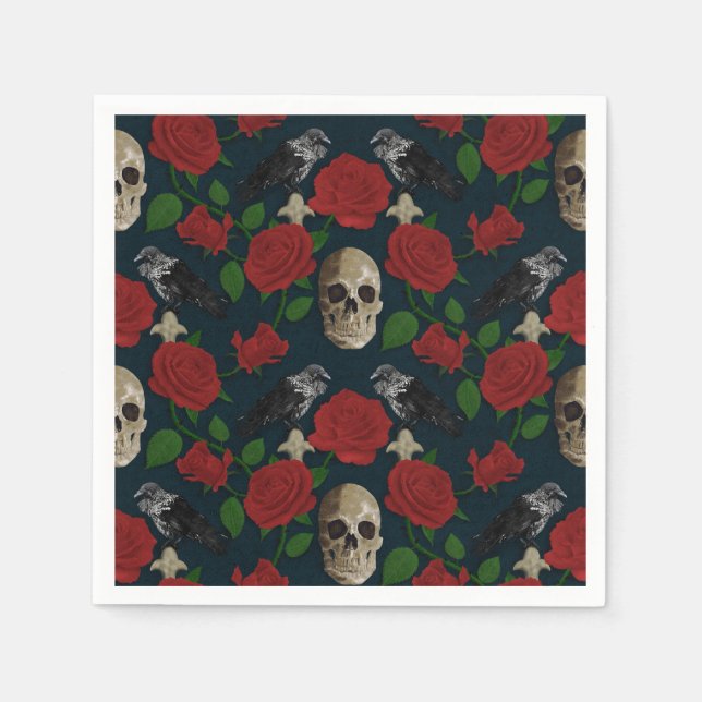 Dark Gothic Grungy Rose Vines Raven Skull red Napkin (Front)