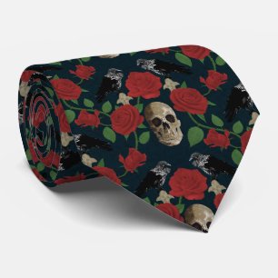 Dark Gothic Grungy Rose Vines Raven Skull red Tie