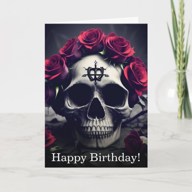 Dark Gothic Macabre Rose Skull Birthday Card (Front)