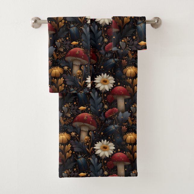 Dark Gothic Mushroom and Beetle Botanical Pattern Bath Towel Set (Insitu)