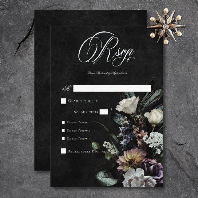 Dark Gothic Mysterious Muted Floral Dinner RSVP Card (Dark Gothic Mysterious Muted Floral Dinner RSVP Card)