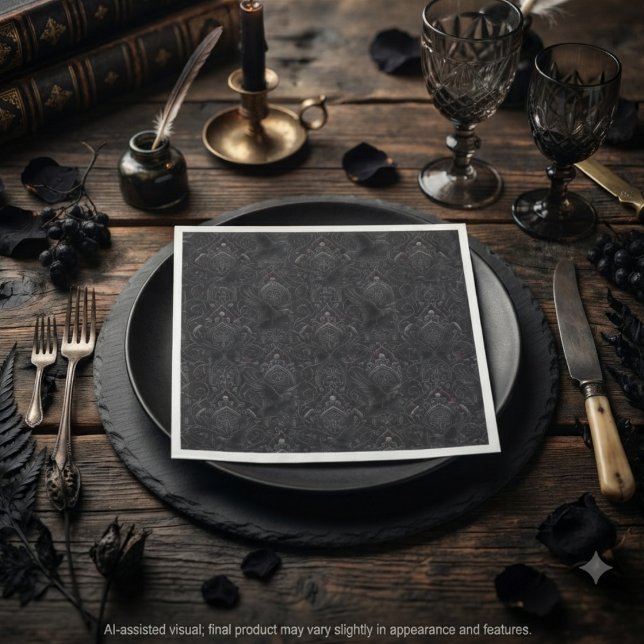 Dark Gothic Obsidian Damask Raven Napkin (Moody obsidian gothic raven paper napkin for dark academia dinners and occult parties.)