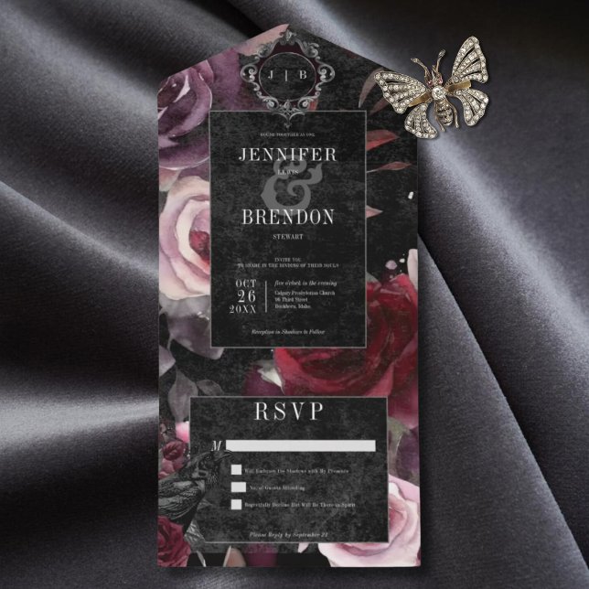 Dark Gothic Pink Burgundy & Black Floral No Dinner All In One Invitation (Also available with a QR code or with dinner selection options.)
