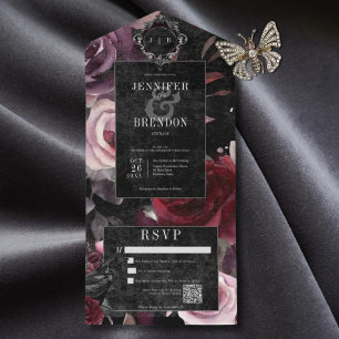 Dark Gothic Pink Burgundy & Black Floral QR Code All In One Invitation
