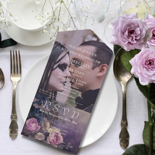 Dark Gothic Purple Lavender Floral Rose Photo All In One Invitation
