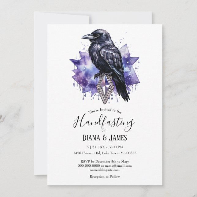 Dark Gothic Purple Raven & Diamond Handfasting Invitation (Front)